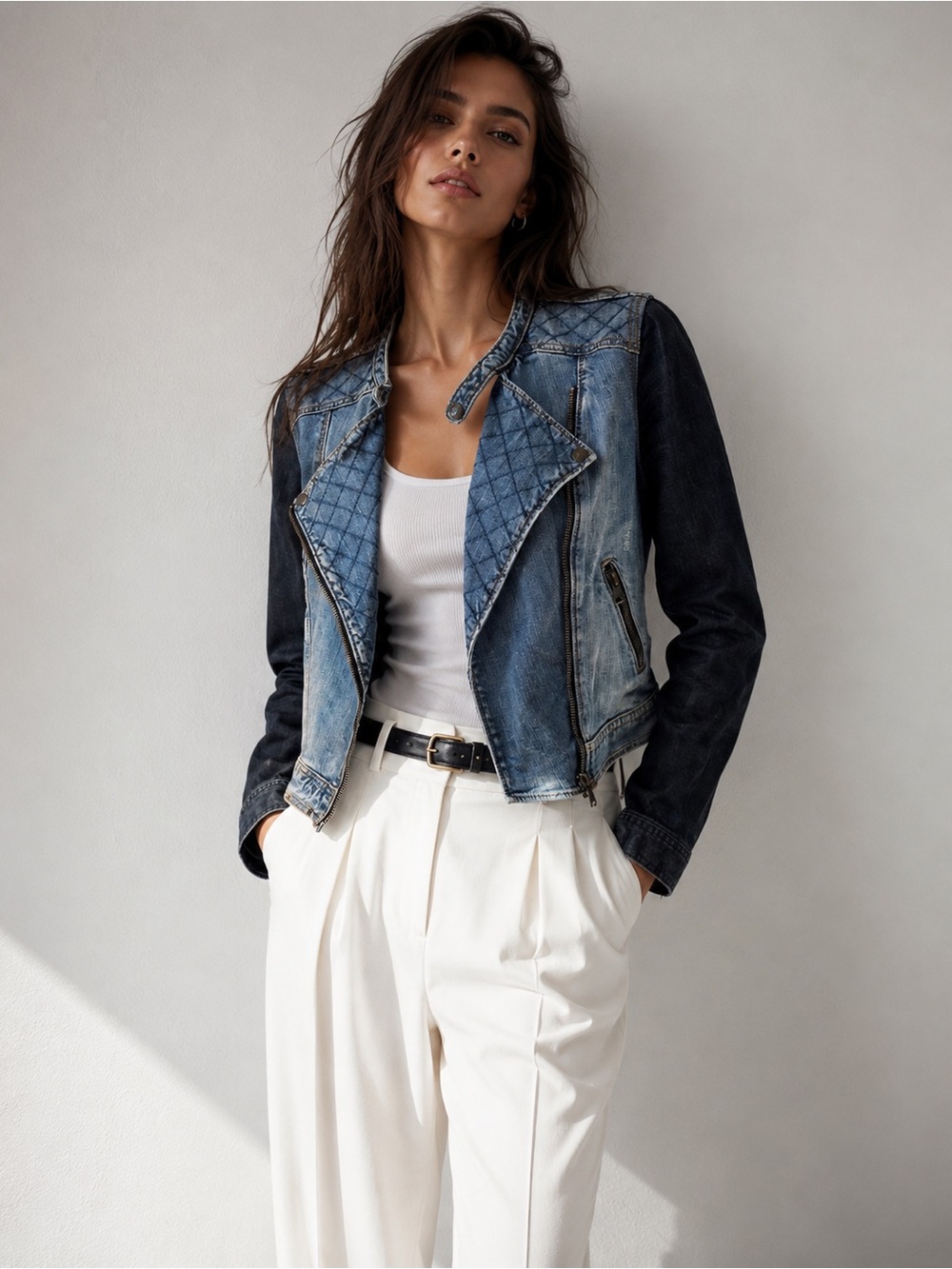H&M Contrasting Quilt Stitch Design Denim Moto Jacket Size 6